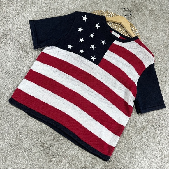 Christopher & Banks Vintage American Flag Knit Sweater Shortsleeve Patriotic L - Picture 1 of 13